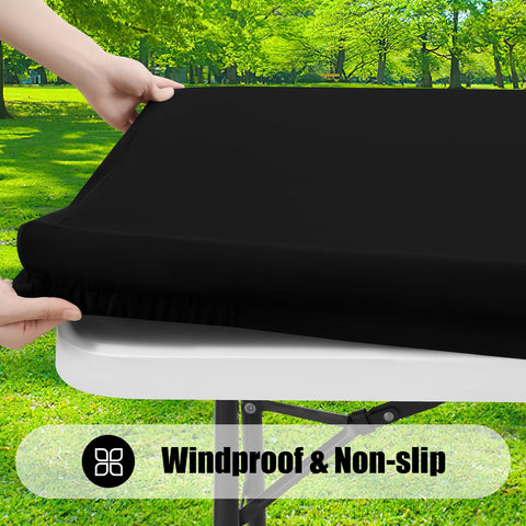 Smiry tablecloth with elastic edge stays secure on windy days.