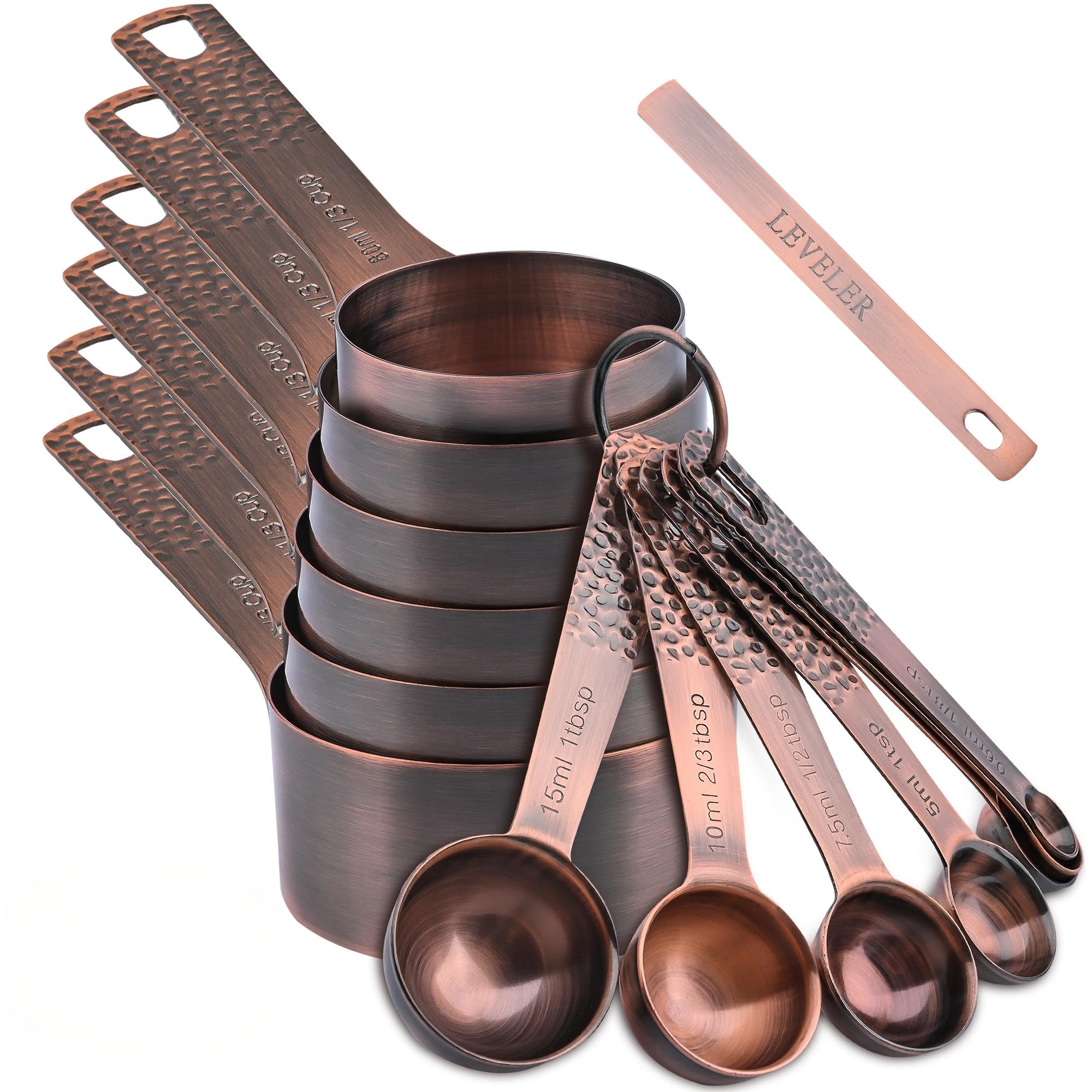Smithcraft copper measuring cups collection with engraved metrics for precise cooking.
