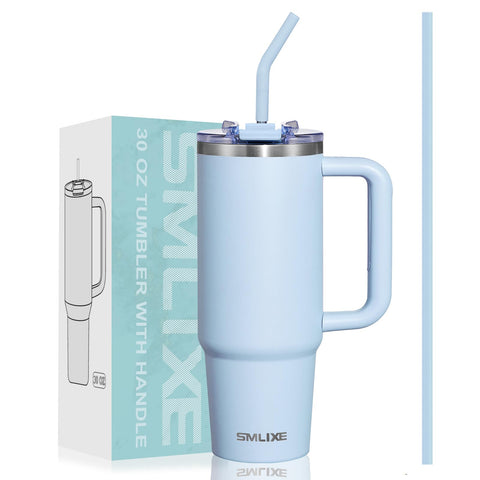 SMLIXE 30 oz tumbler with blue handle, front view, cupholder friendly for travel.