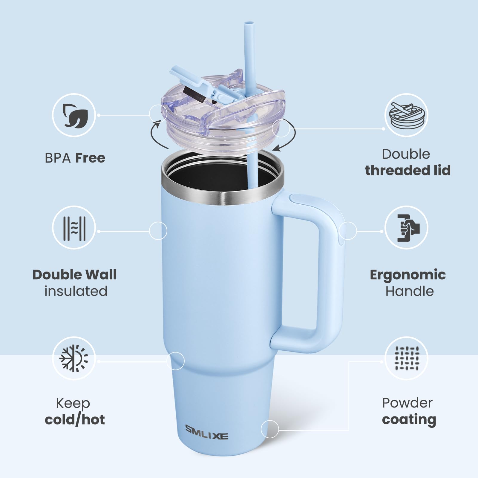 SMLIXE blue tumbler with lid and straw, shows flip cover for easy sipping.