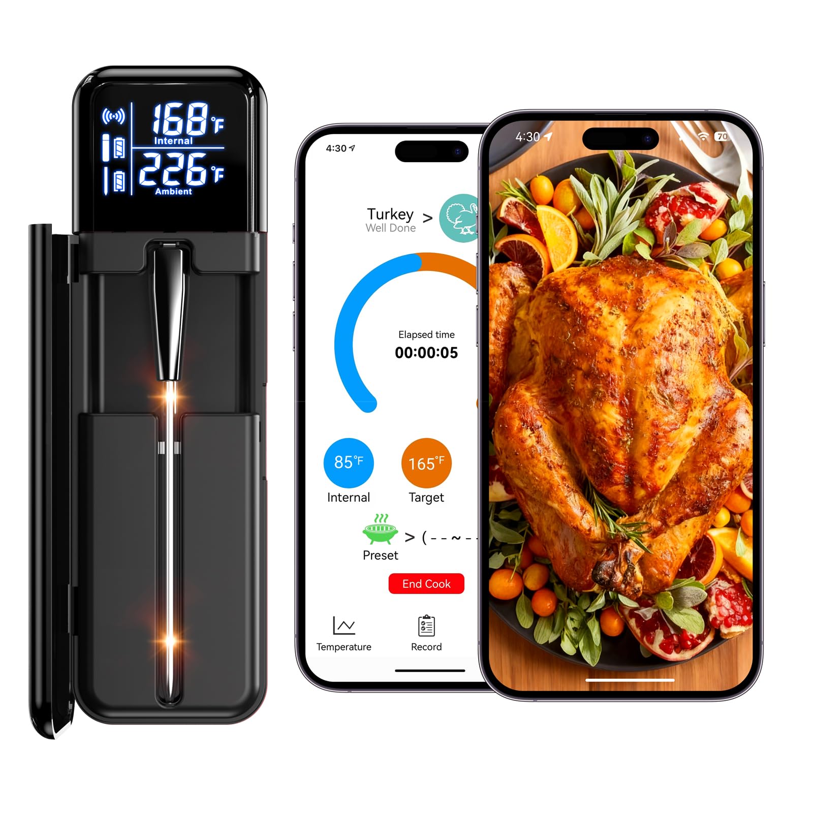 SMNQIUA smart wireless meat thermometer on charger dock for hands-free cooking.