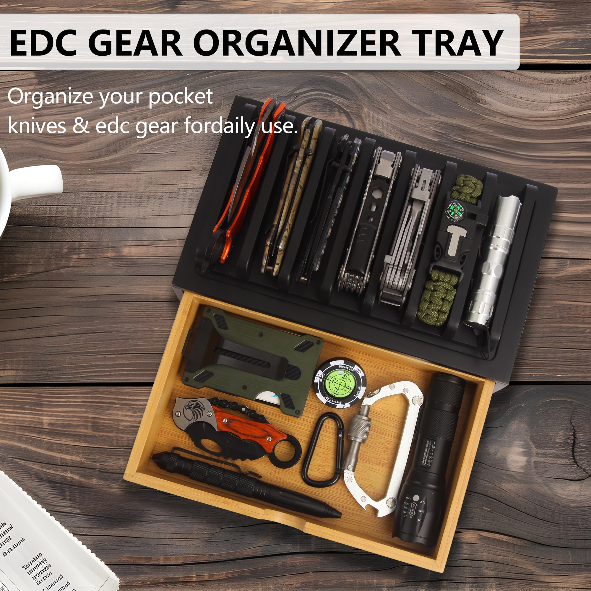 Smocchy black wooden knife holder fits seven blades with secure storage.