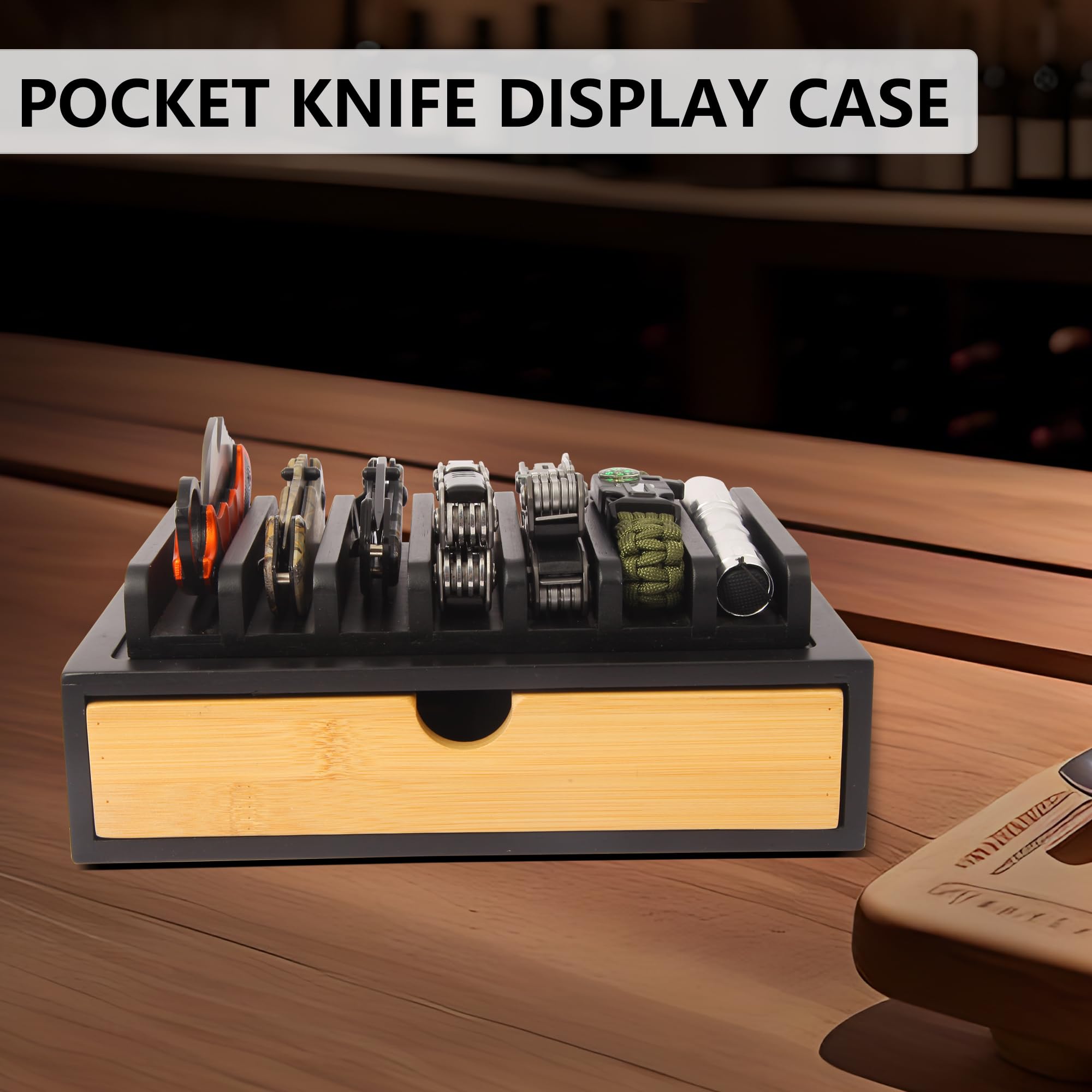 Smocchy EDC gear display case protects blades and flashlights on your desk.
