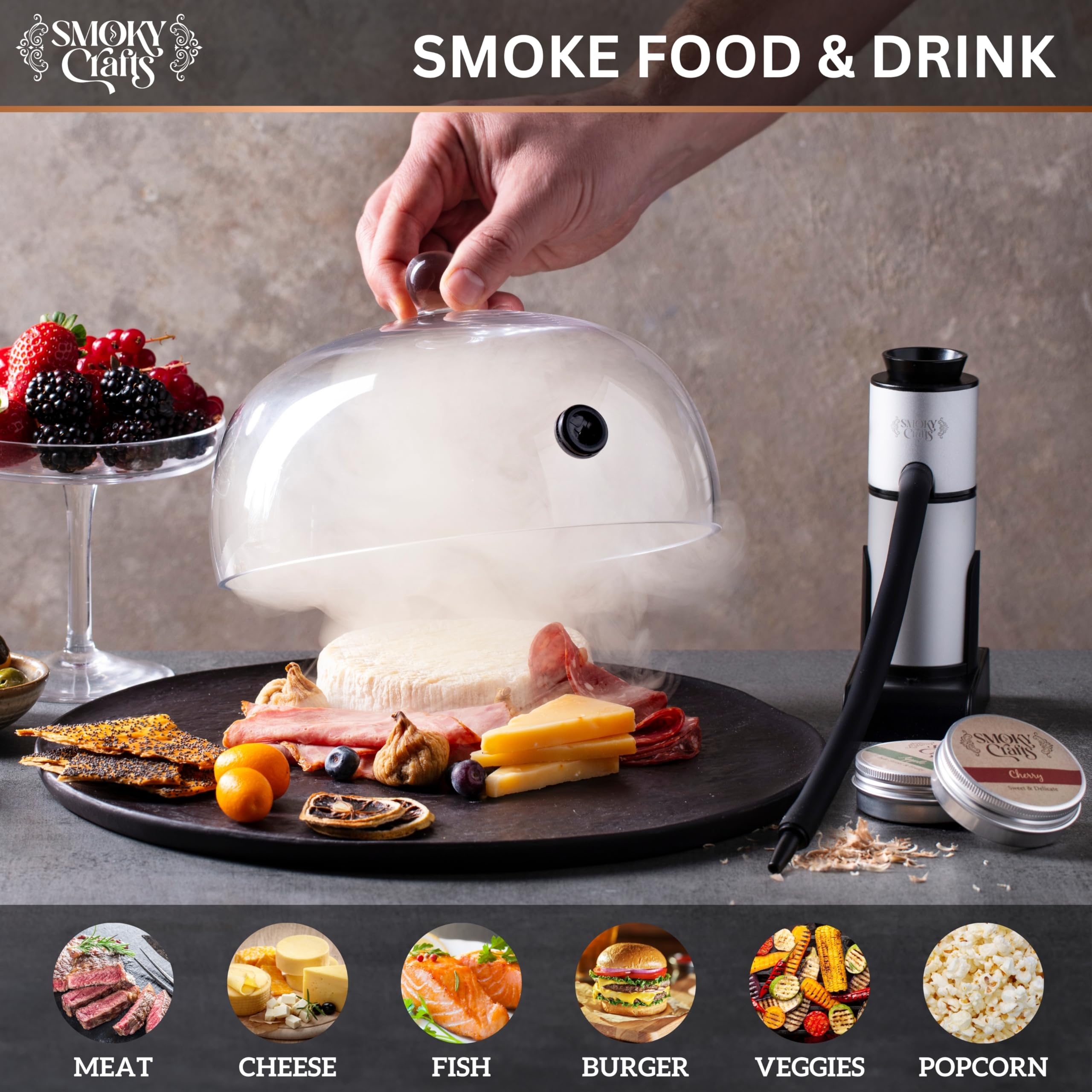 Smoky Crafts acacia top provides a stylish, durable surface for smoking drinks.