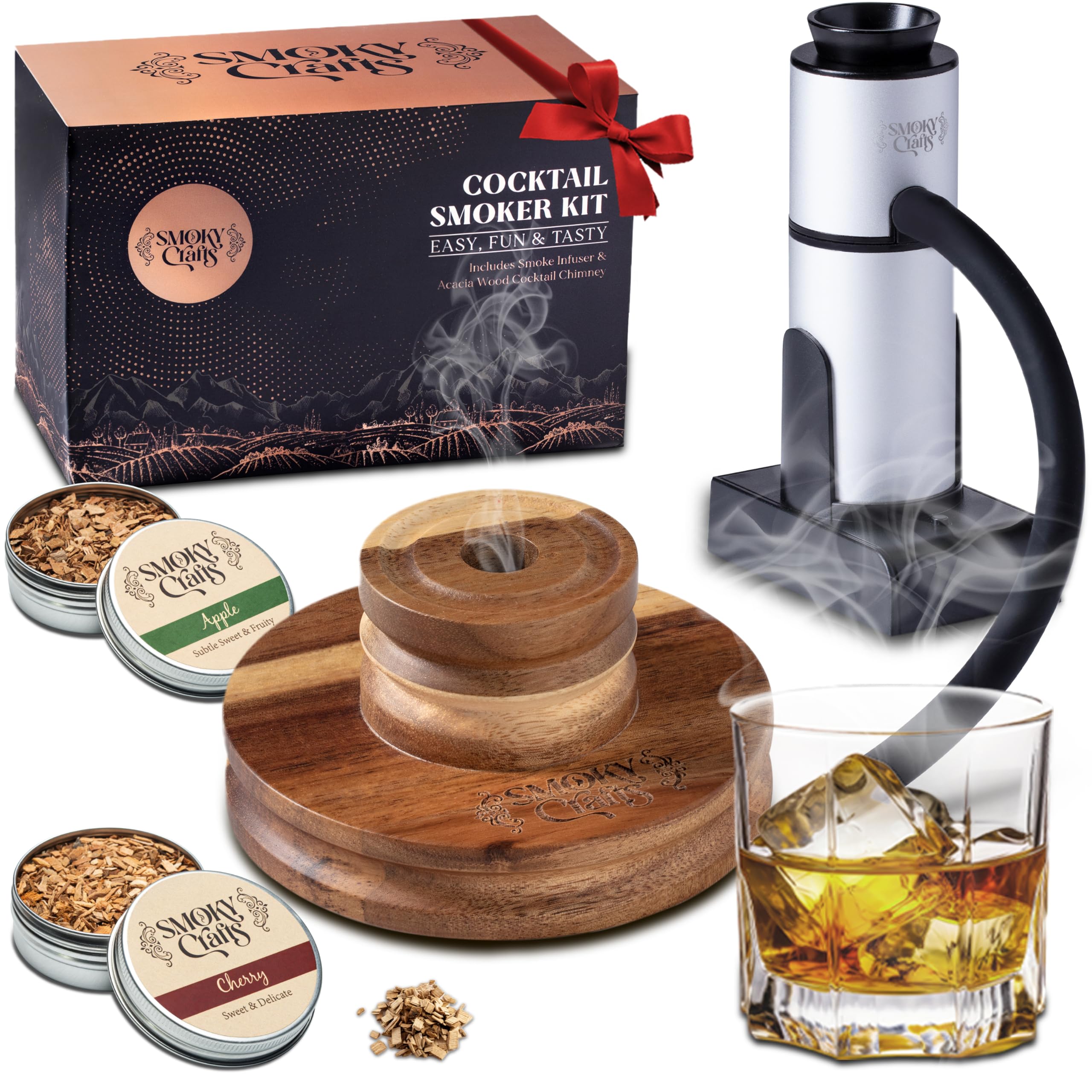 Smoky Crafts Acacia whiskey smoker top for precise smoke infusion in cocktails.