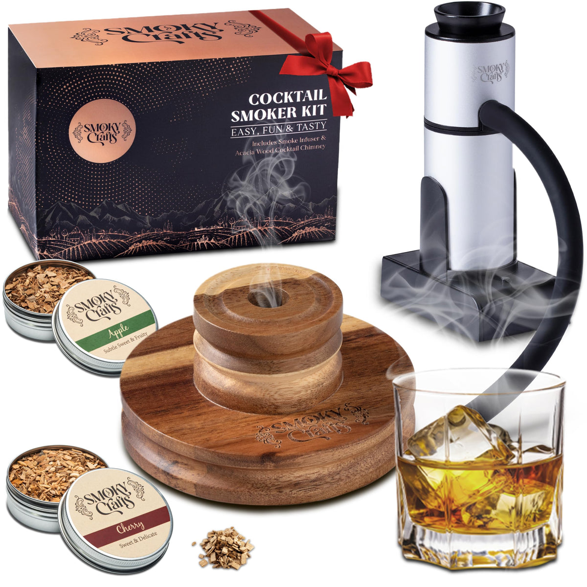 Smoky Crafts Acacia whiskey smoker top for precise smoke infusion in cocktails.