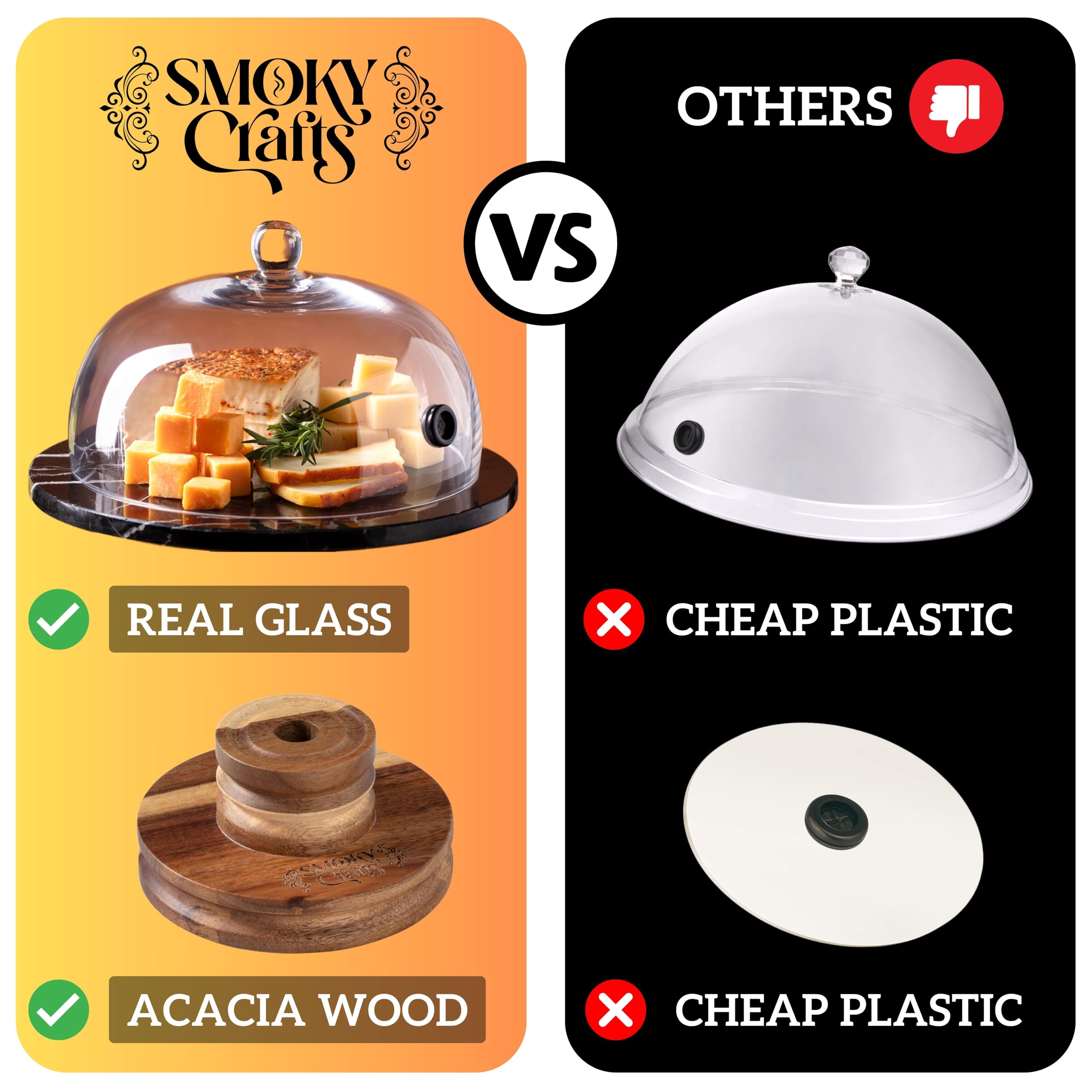 Smoky Crafts 8-inch glass dome enhances presentation and aroma retention.