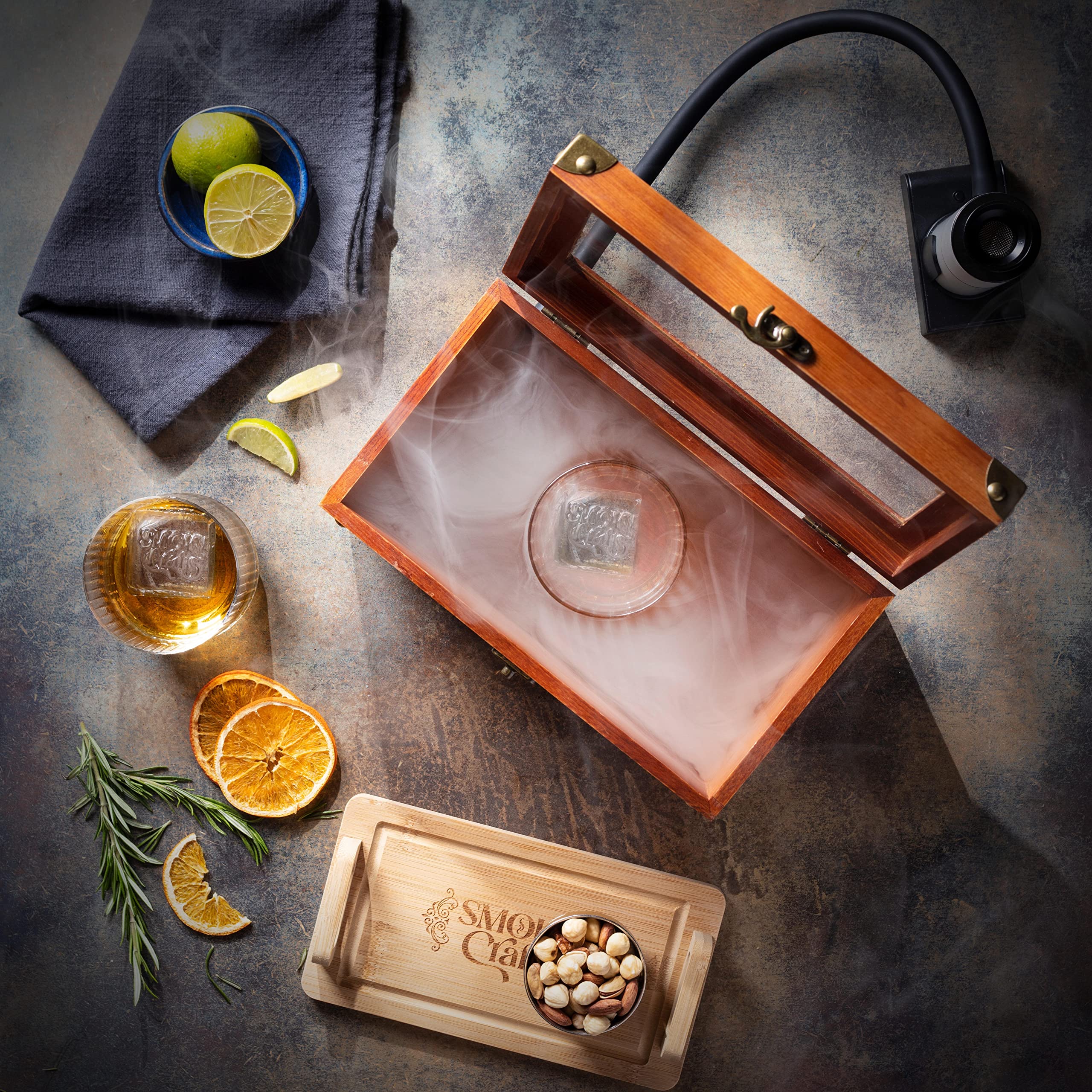 In-use setup with two glasses illustrates social smoking sessions at home.