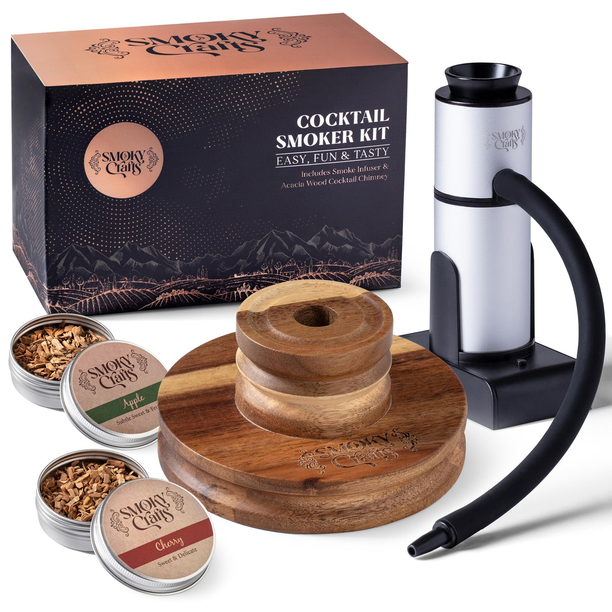 Smoky Crafts kit fumador whisky acacia frente, listo para preparar cócteles ahumados.