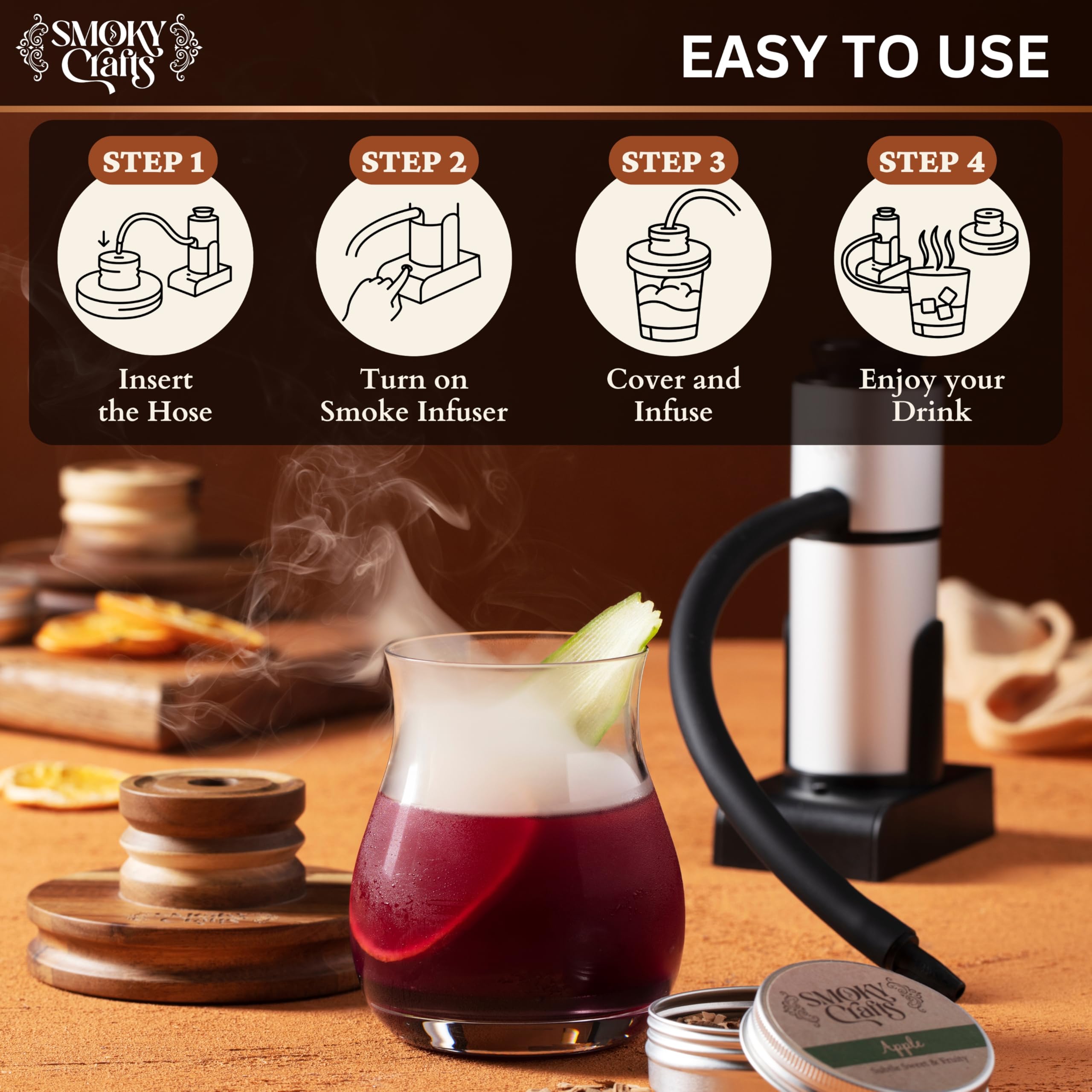 Smoky Crafts smoked old fashioned setup visual for elegant whiskey service.