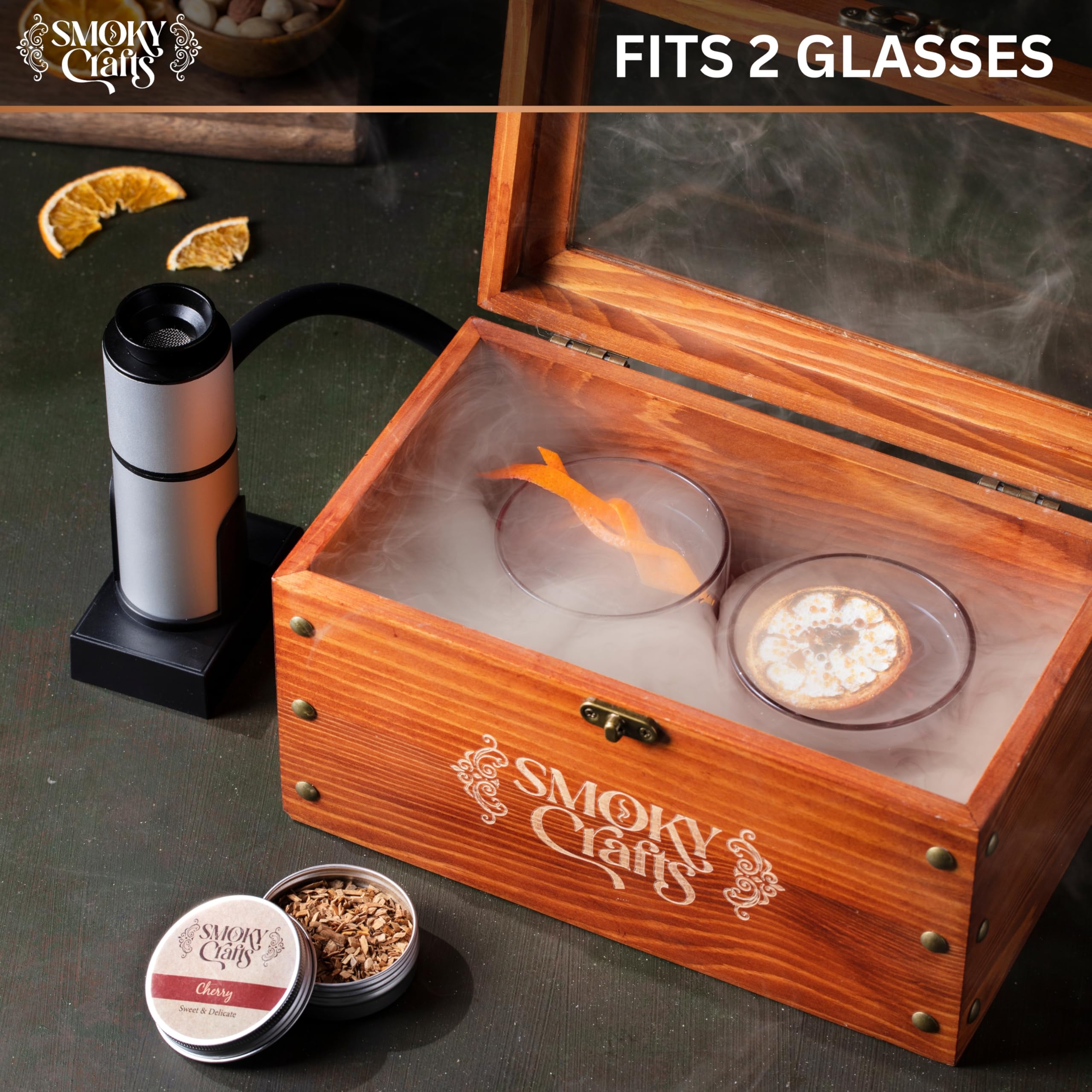 Smoky Crafts whiskey smoker box close-up highlighting premium pine wood durability.