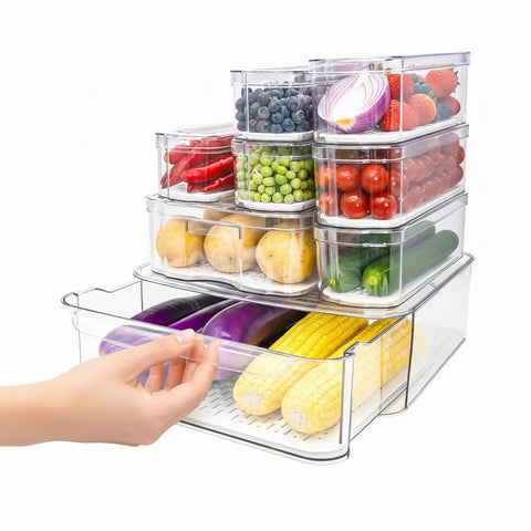 SMRCAD fridge organizer with pull-out drawer for easy access to snacks