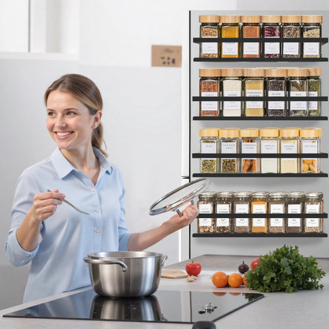 Spice bottles rest neatly in SMRCAD rack with deep shelves