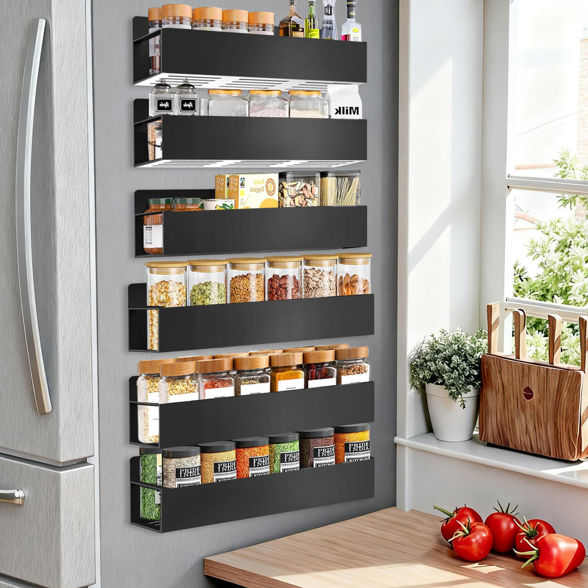 SMRCAD magnetic spice rack on fridge for space-saving access.