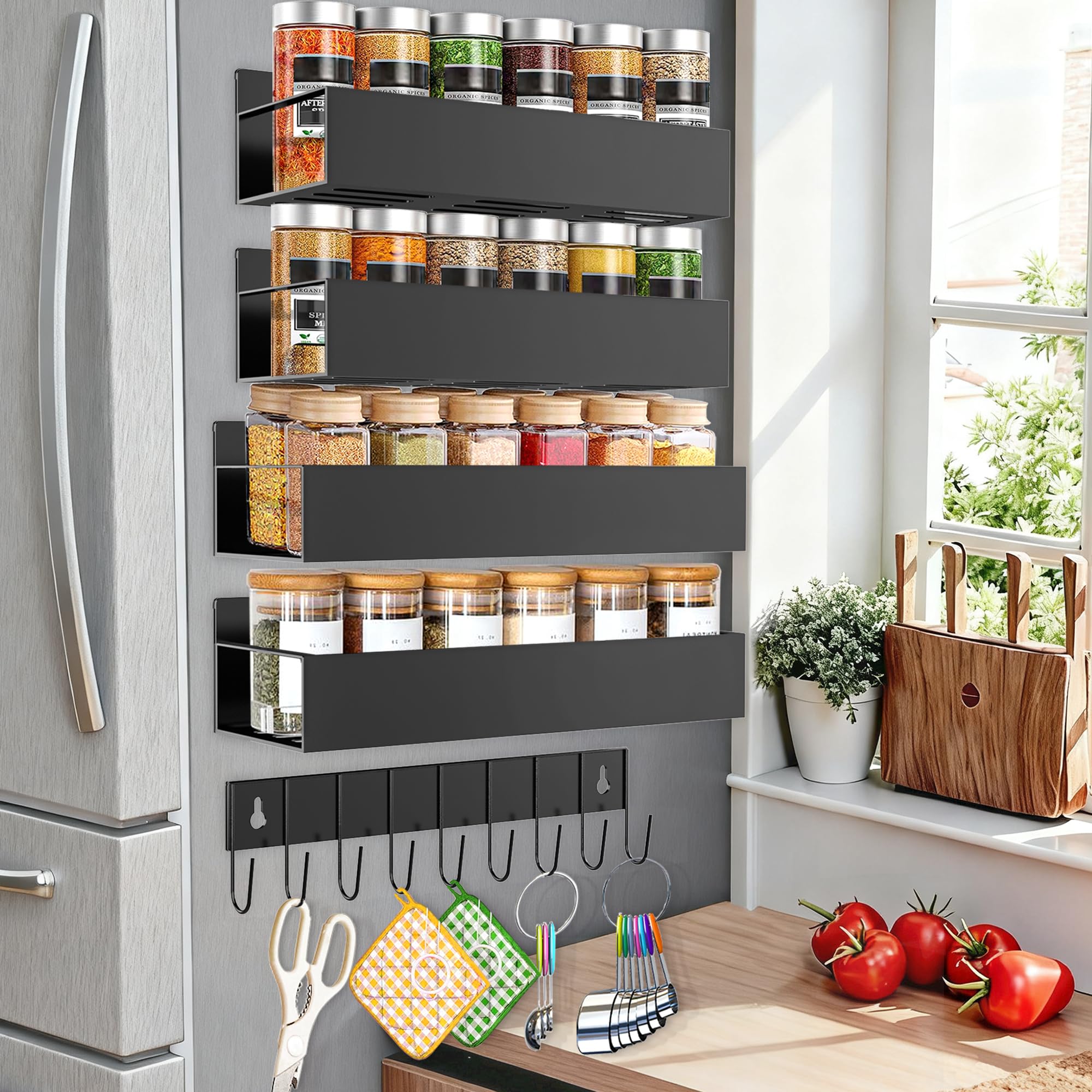 SMRCAD magnetic spice rack mounted on fridge side for easy access while cooking