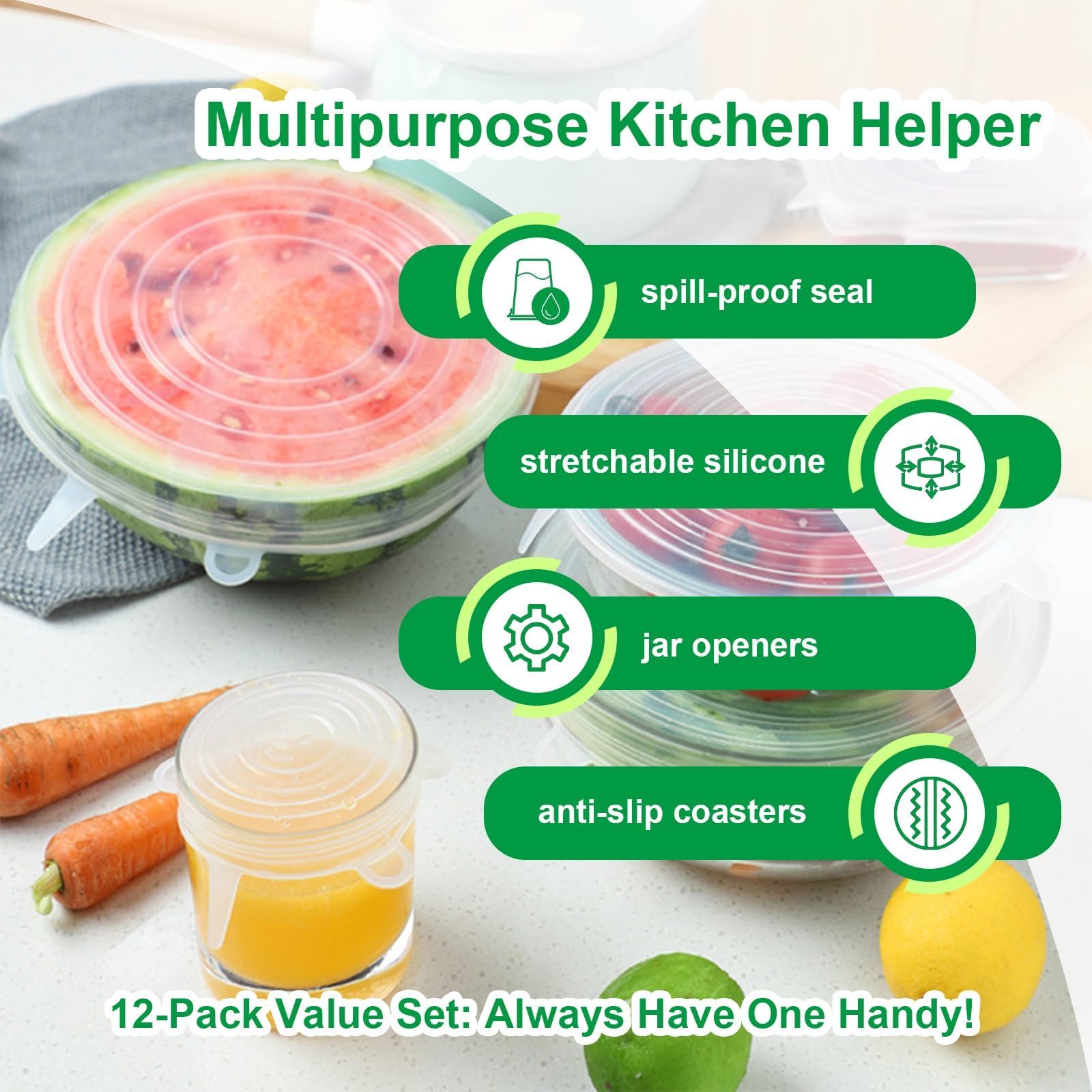Smrtcol silicone lids cover fruit and vegetables to reduce waste and spoilage.