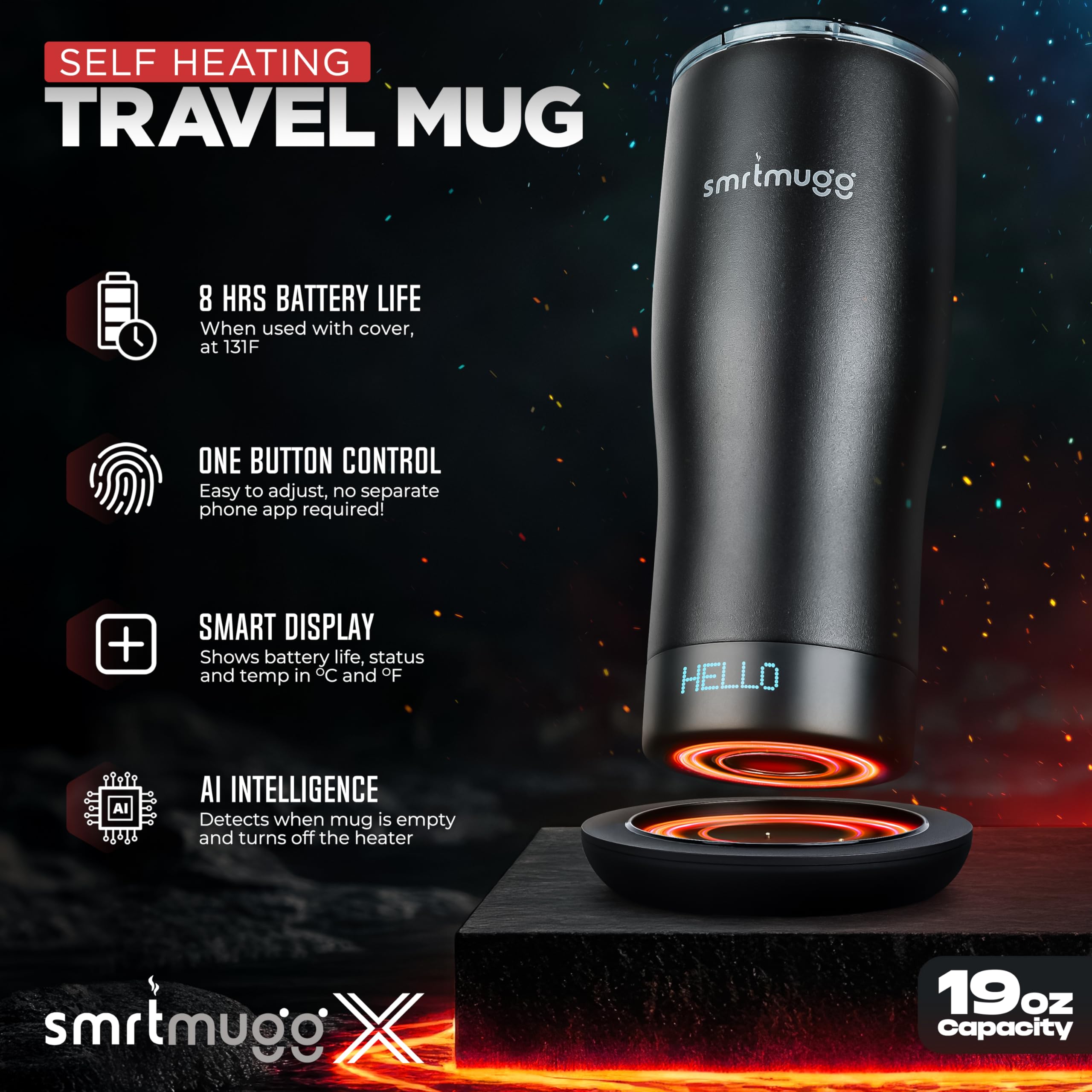 SmrtMugg mug with 8-hour battery life on-the-go warmth.