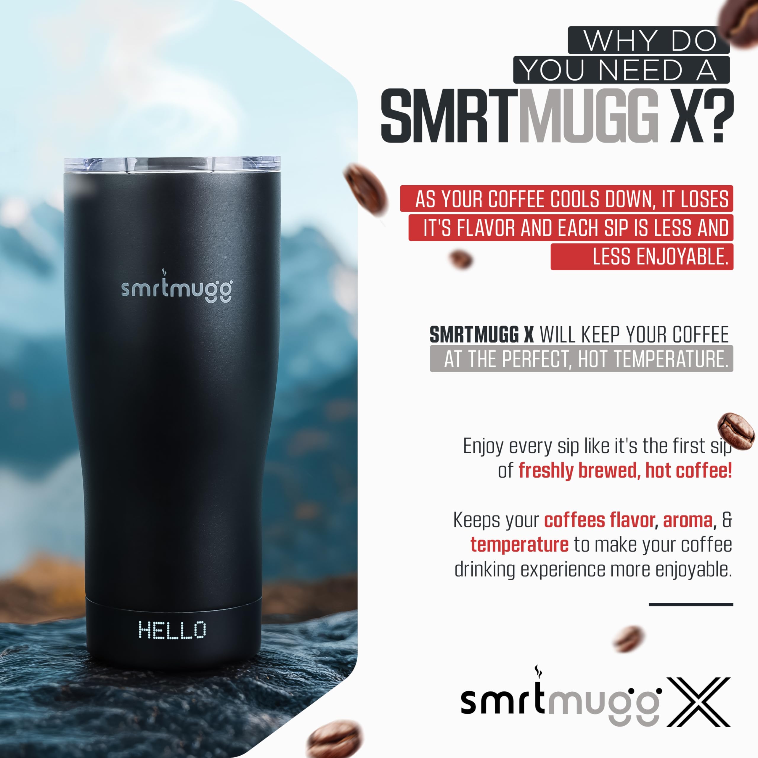 SmrtMugg ergonomic, comfortable design enhances daily coffee rituals.
