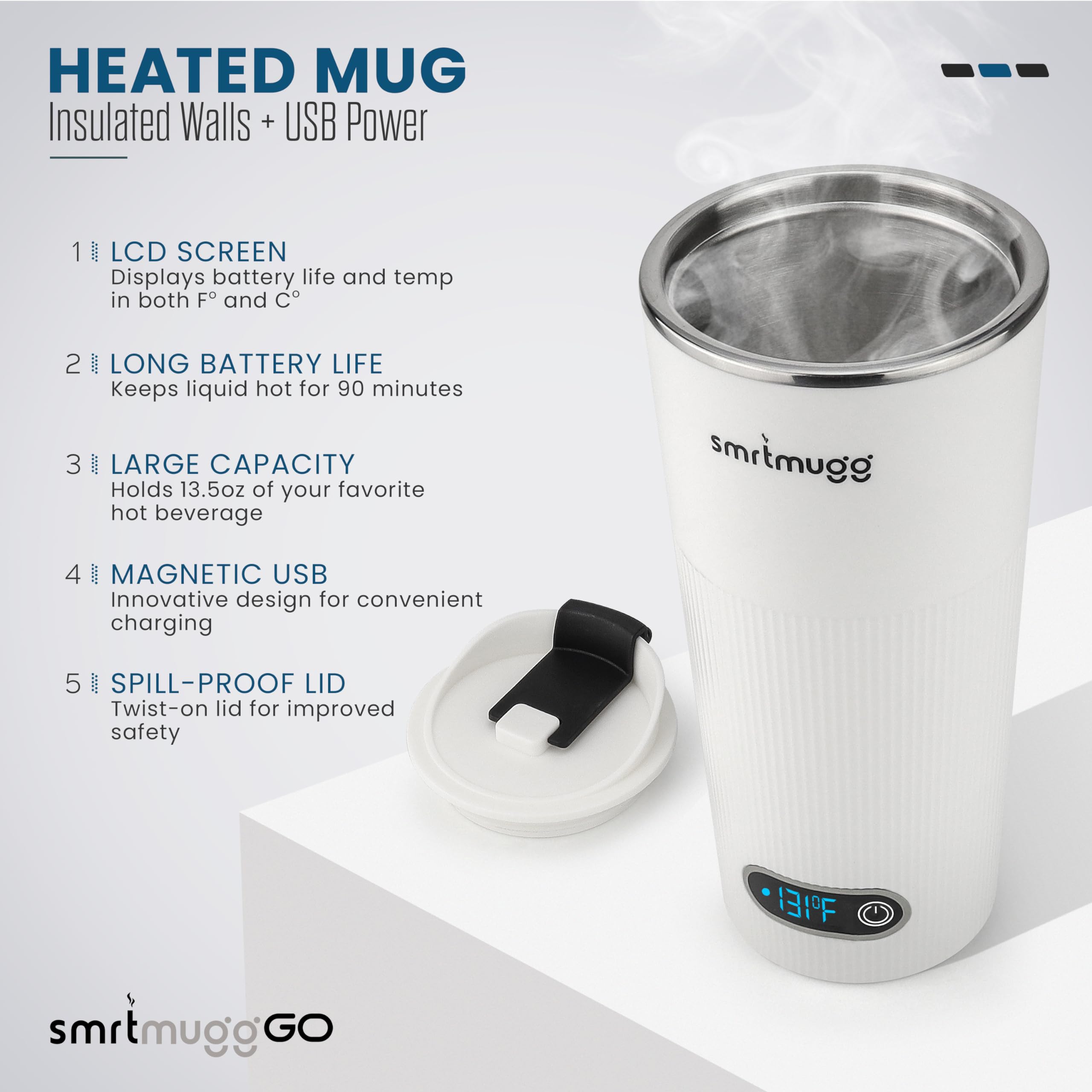 SmrtMugg GO magnetic charging cable attached for quick recharge