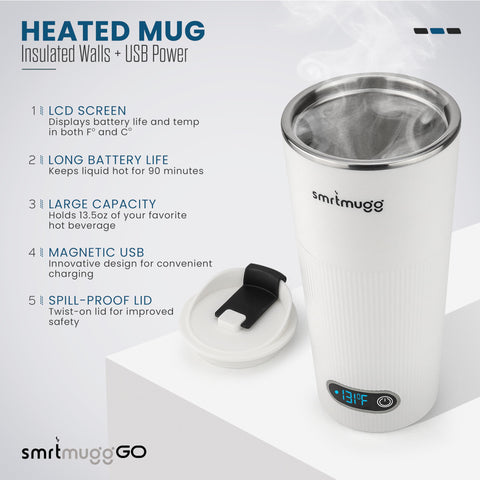 SmrtMugg GO magnetic charging cable attached for quick recharge