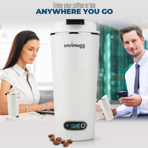 SmrtMugg GO white travel mug with sleek, compact design