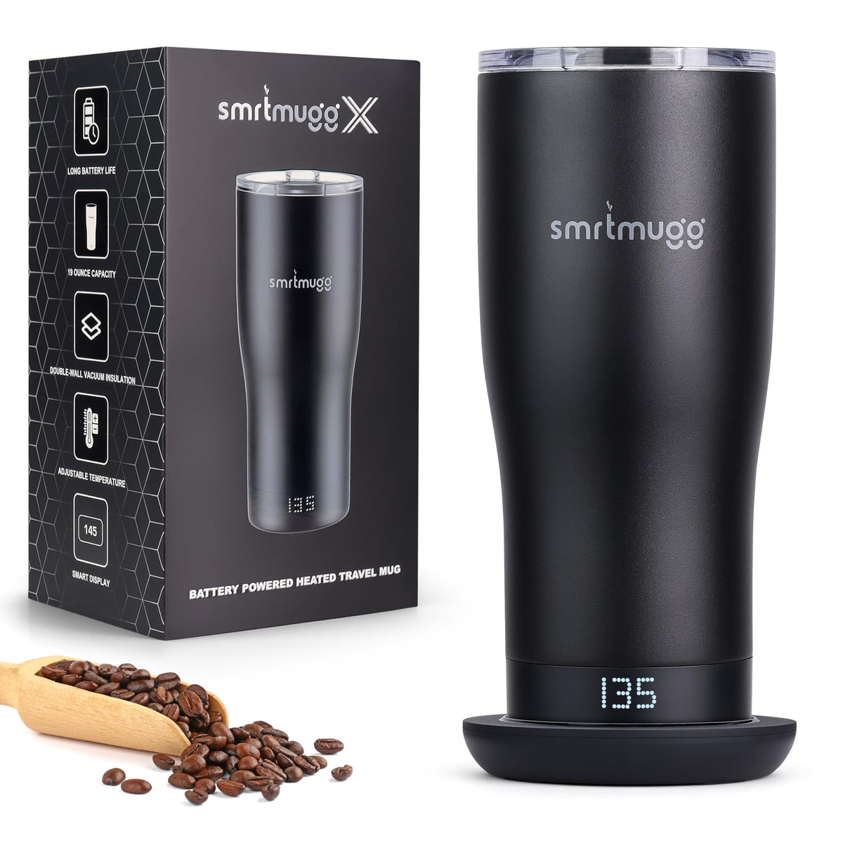 SmrtMugg heated mug 19oz showing self-heating to preserve warmth.