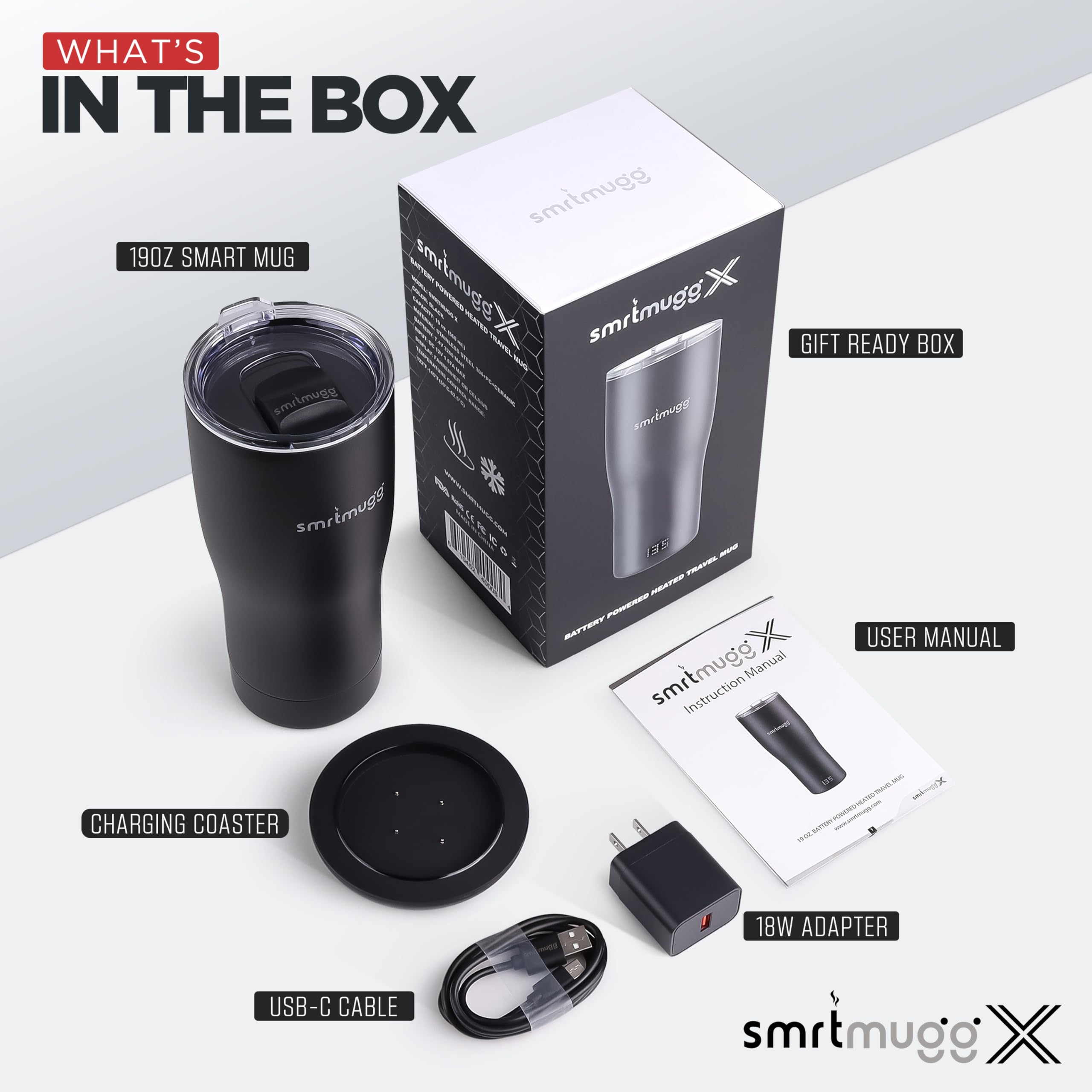 SmrtMugg X heated mug LCD screen displays current temp and battery.