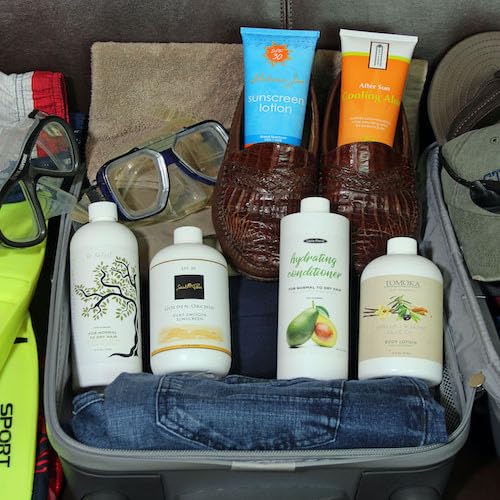 Smuggs Jugs empty shampoo bottle simplifies cabin vanity setup.