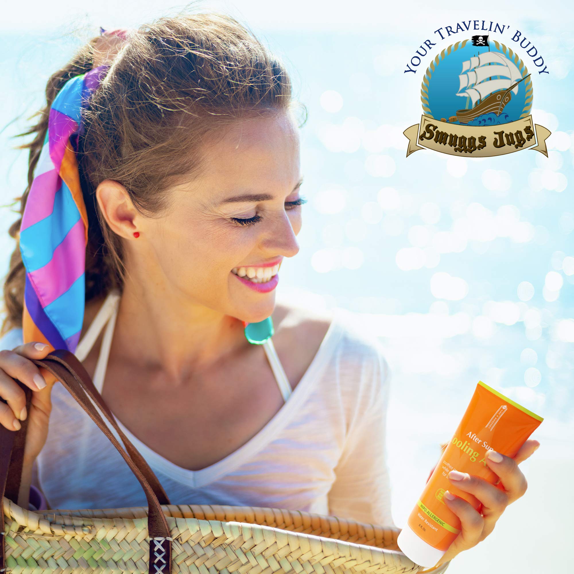 Smuggs Jugs empty sunscreen bottle keeps cosmetics organized on trips.