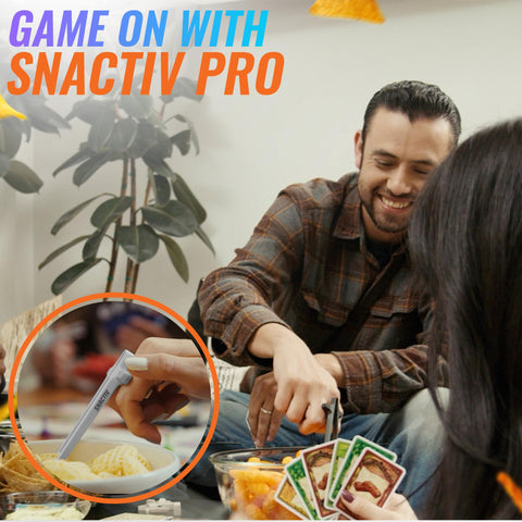 SNACTIV Pro ergonomic grip supports easy snacking while typing or gaming.