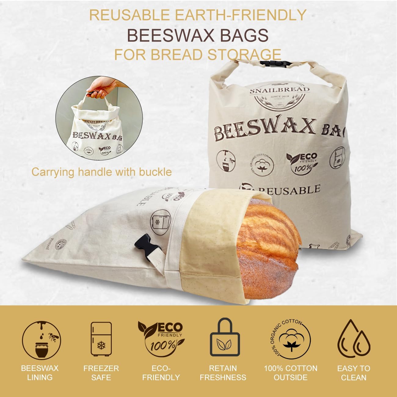 SnailBread freezer bag protects bread during frozen storage.