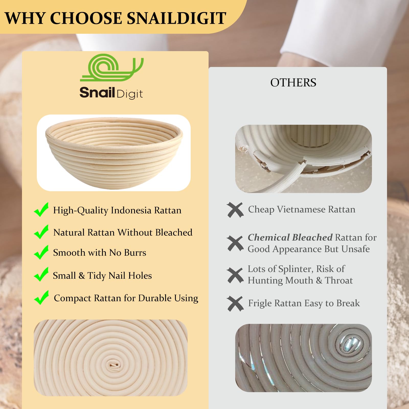 SnailDigit Banneton round basket with dough in proofing stage.
