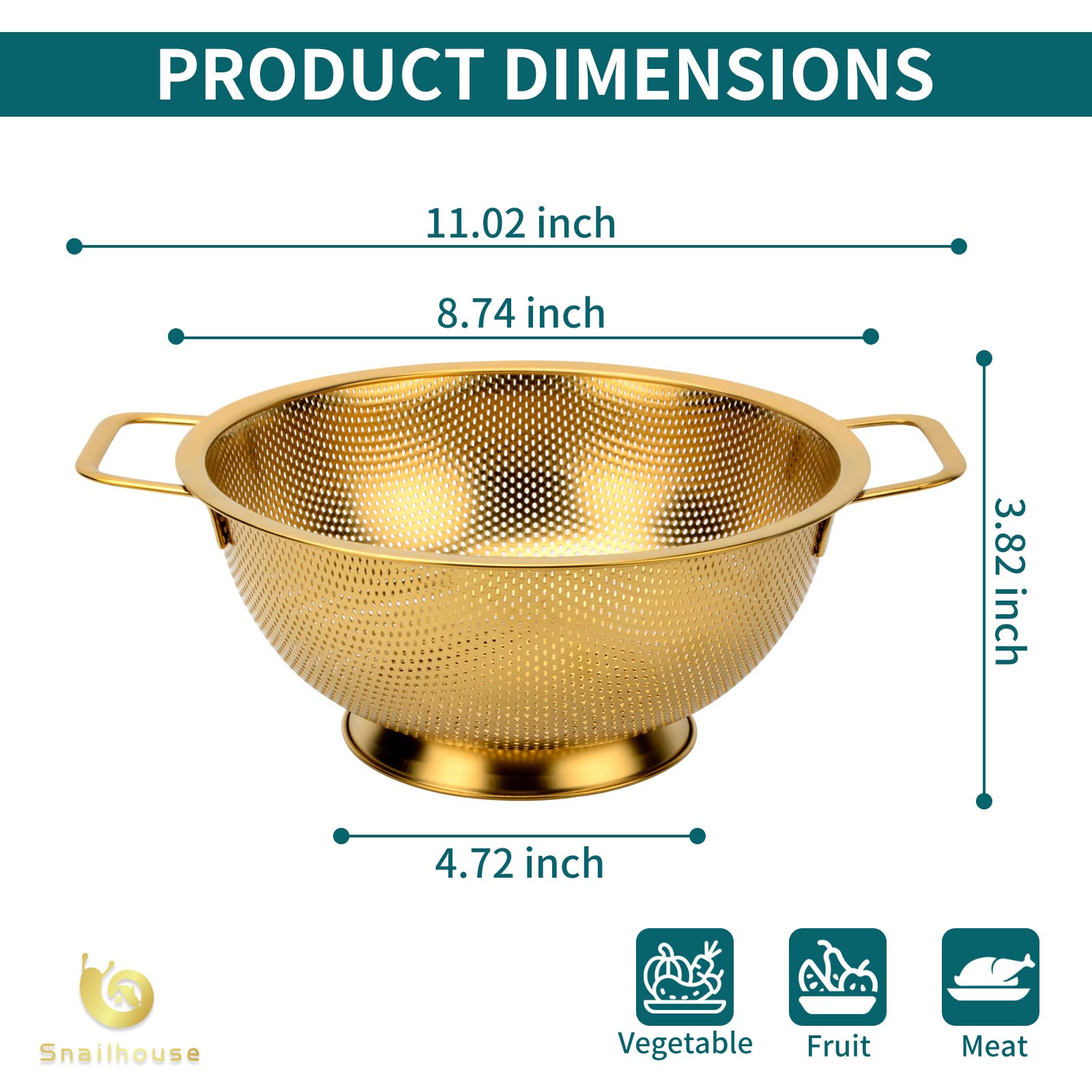 Snailhouse gold 3 Qt colander near dishwasher-safe design for easy cleaning.