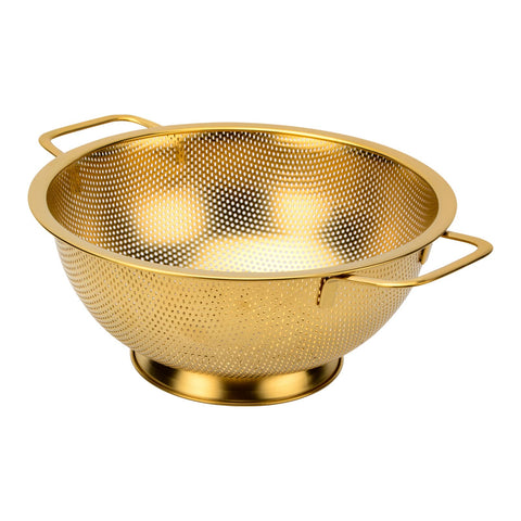 Snailhouse gold 3 Qt colander front view with ergonomic handles for easy pouring.