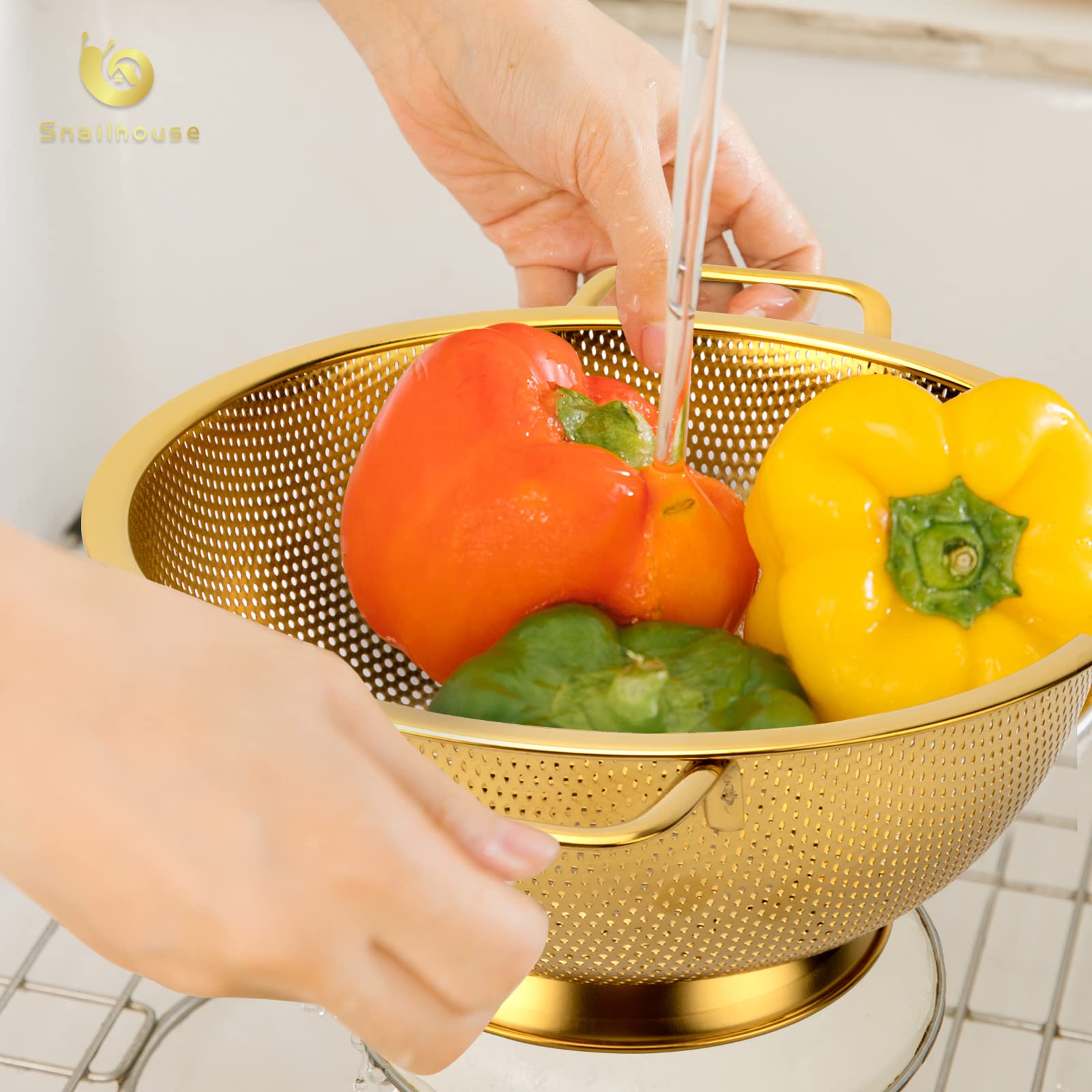 Snailhouse gold 3 Qt colander in kitchen ready to drain pasta or vegetables.
