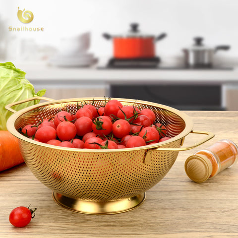 Snailhouse gold 3 Qt colander with self-draining base for organized prep.
