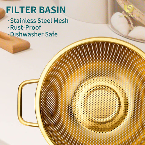Snailhouse gold 3 Qt colander side view showing sturdy handles and stable base.