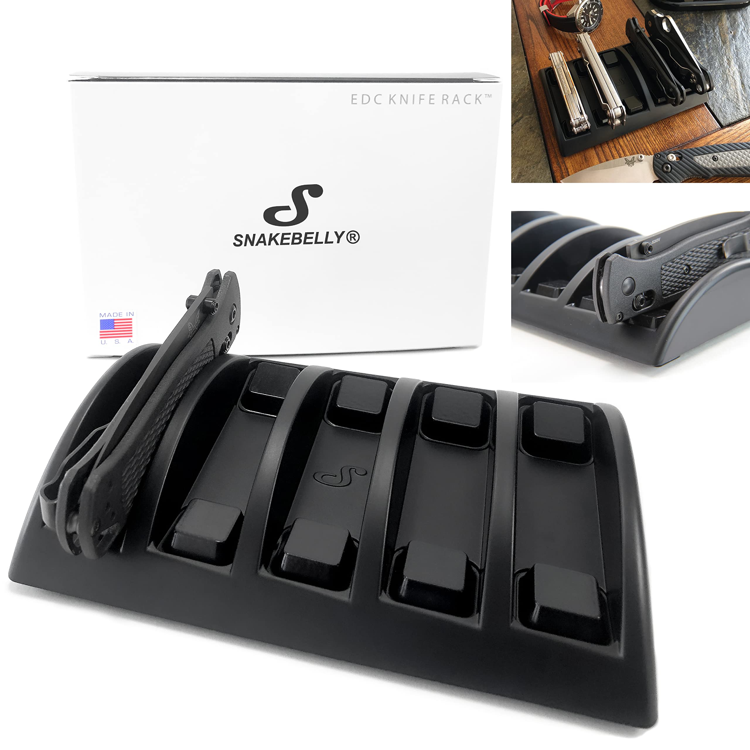 SnakeBelly EDC Knife Rack overview with five slots for organized gear