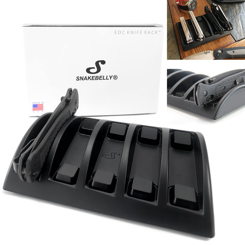 SnakeBelly EDC Knife Rack overview with five slots for organized gear