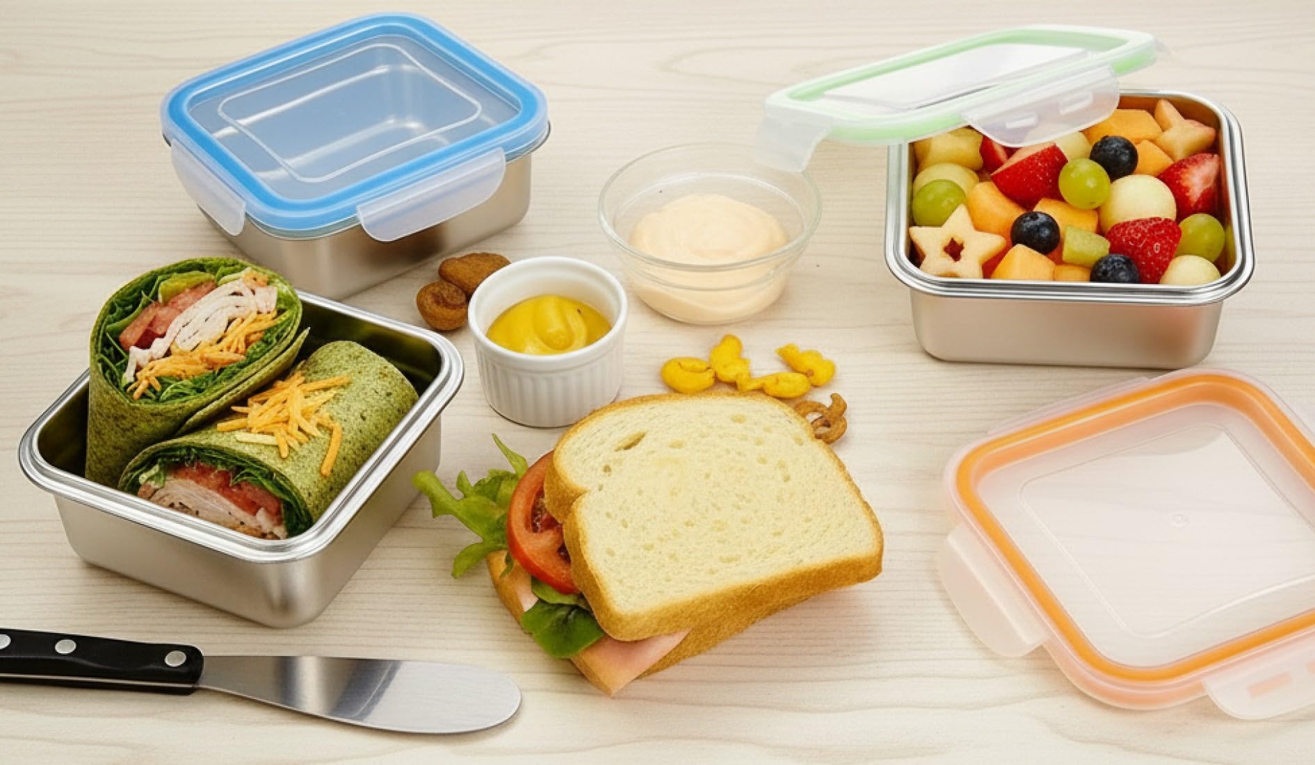 Eco-friendly metal containers suitable for fridge and freezer storage.