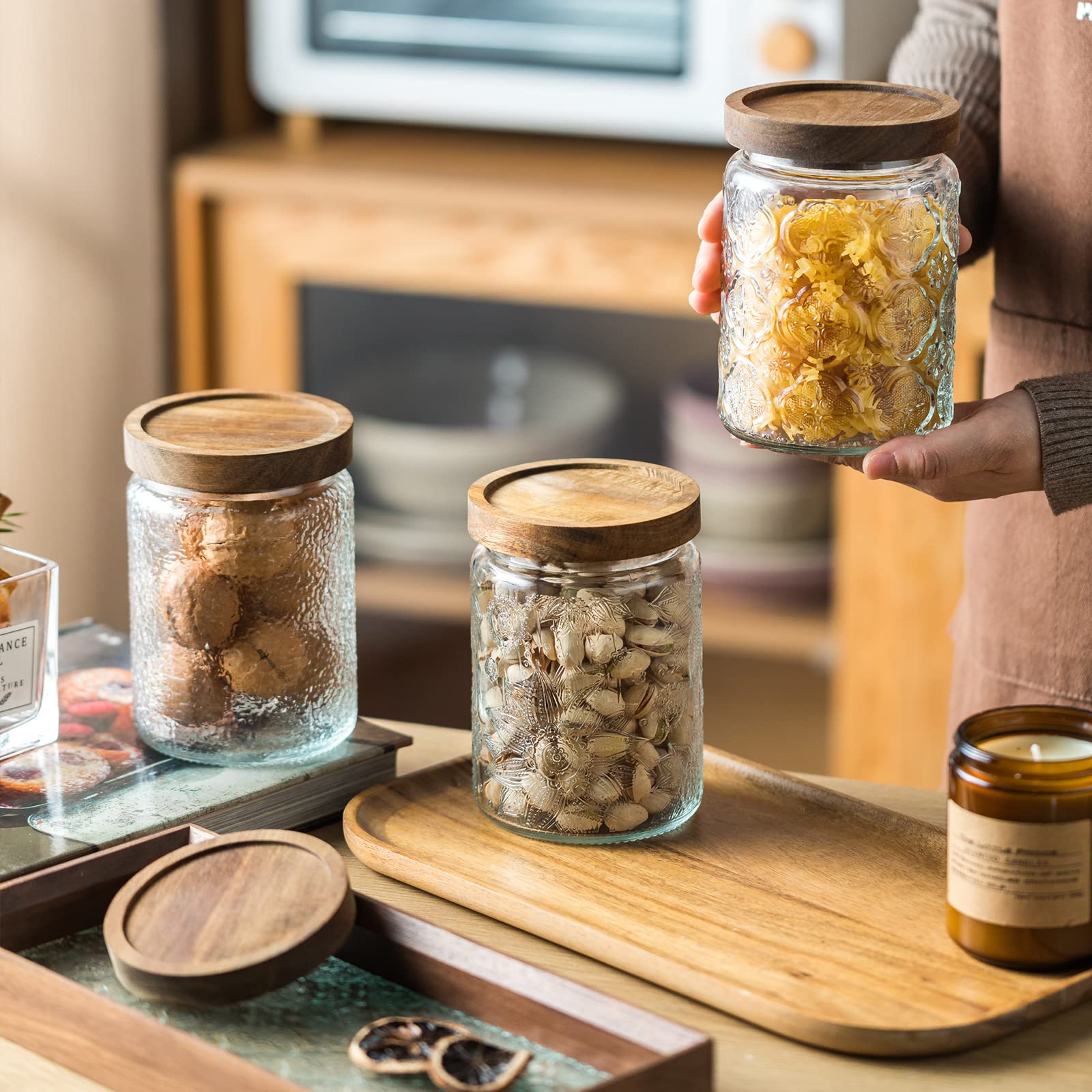 Snminetal plum-pattern jar showcases retro glass for pantry organization.
