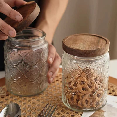 Snminetal glass jar with acacia lid blends function and classic style.