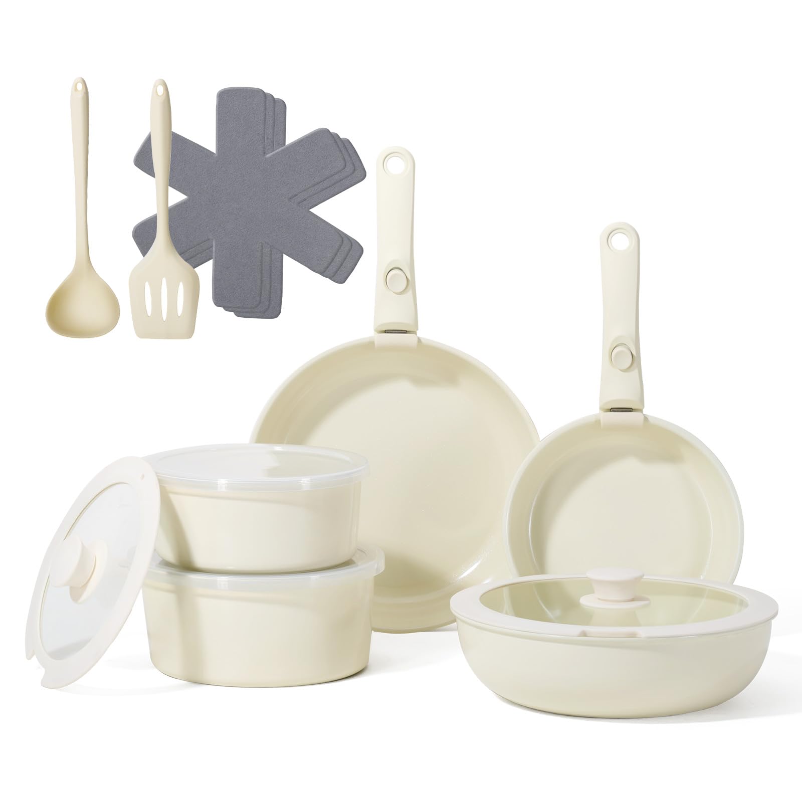 Snowclad detachable-handle pots show space-saving storage and stacking ability.