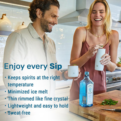 Snowfox stainless steel rocks glass with 1-mm rim enhances sipping comfort.