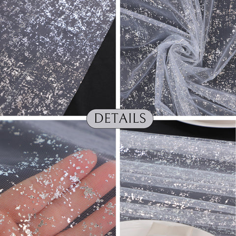 Snowkingdom bridal shower decor with gauze fabric and silver sparkle