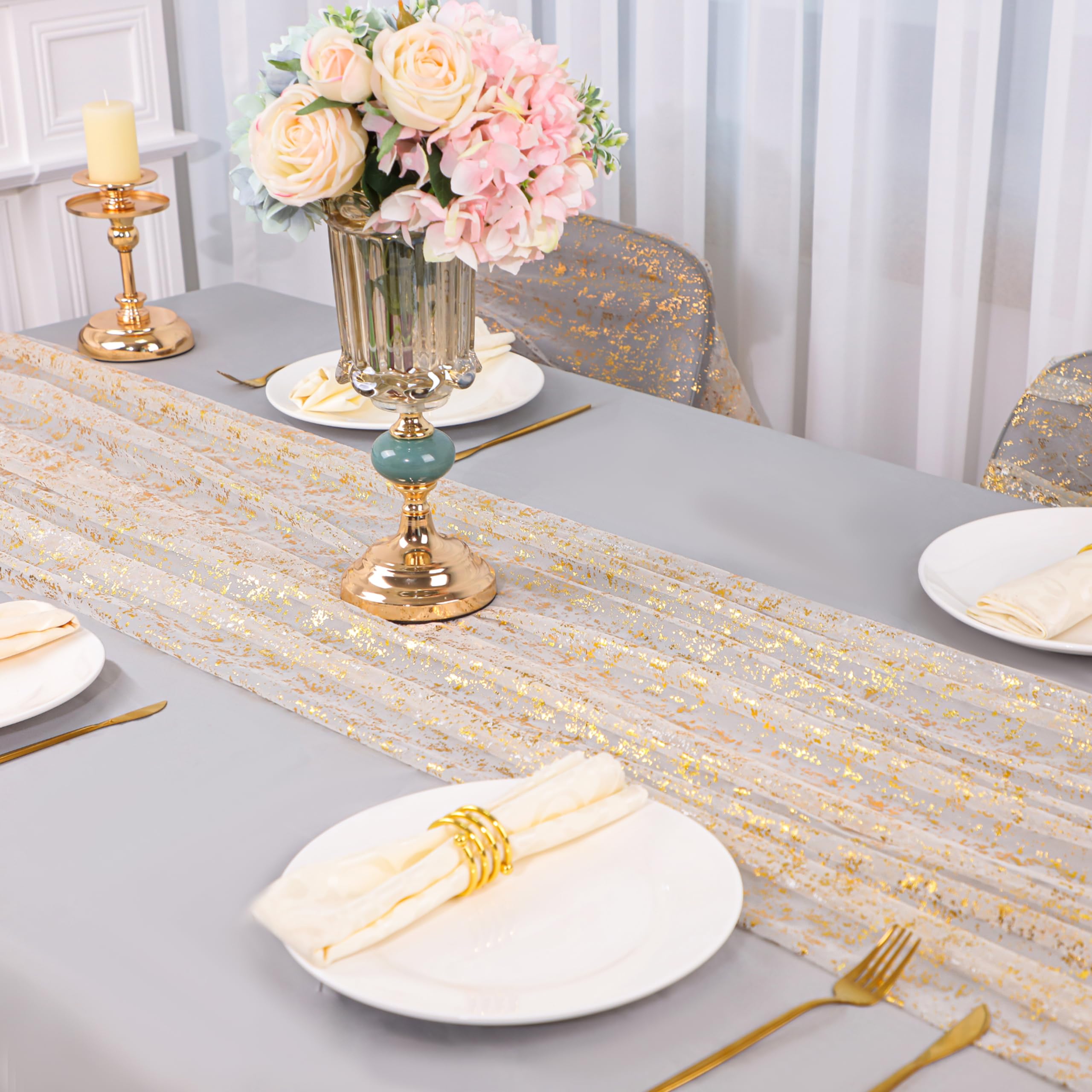 Snowkingdom gold chair-drape runner adds elegance to reception seating.
