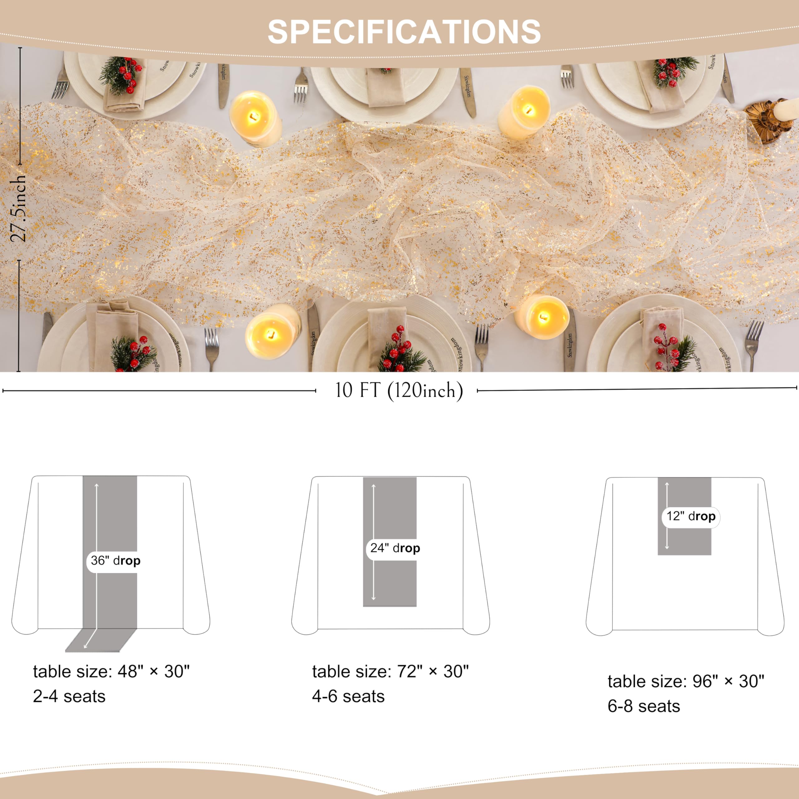 Snowkingdom gold table runner long length covers banquet tables in style.
