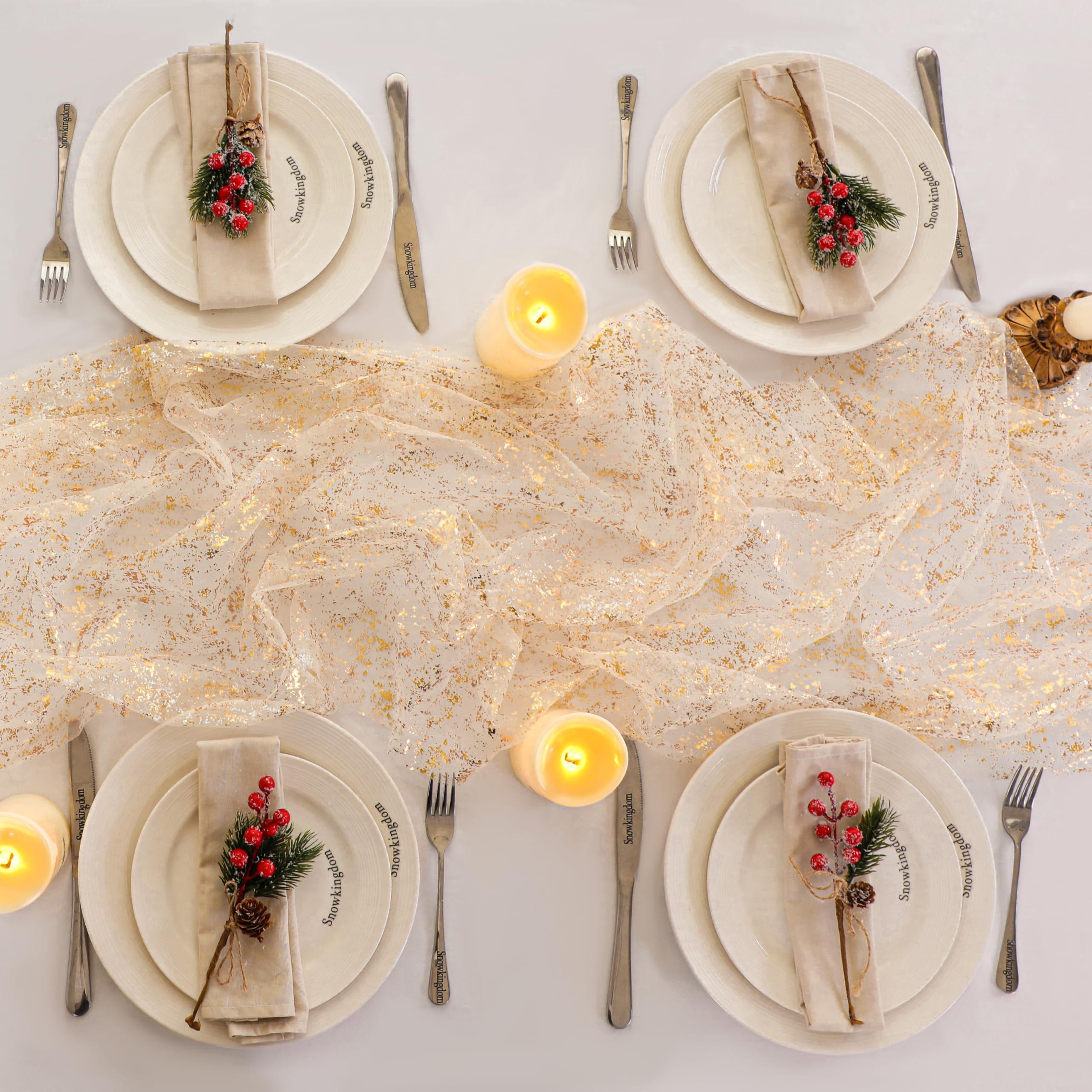 Snowkingdom gold table runner defines table edges with glamour.