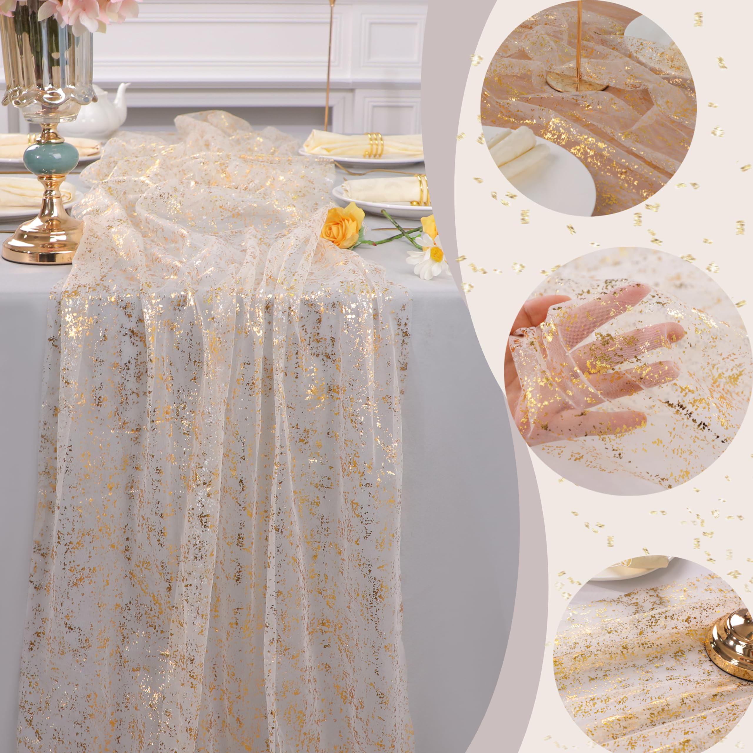 Snowkingdom gold runner draped over table edges creates an elegant silhouette.