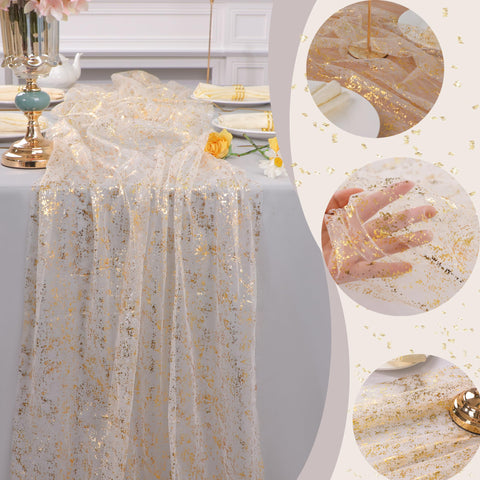 Snowkingdom gold table runner with foil detail drapes beautifully on tables.